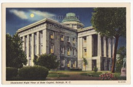 USA - RALEIGH NC - STATE CAPITOL - ILLUMINATED NIGHT VIEW UNDER FULL MOON - C1940s Unused Vintage Postcard [6049] - Raleigh