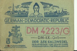 QSL CARD   --   GERMAN DEMOCRATIC REPUBLIC  --  DDR  --  DEUTSCHE DEMOKRATISCHE REPUBLIK  --  JENNY MARX - Altri & Non Classificati