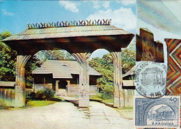 TRADITIONAL WOODEN HOUSE AND WOODEN CARVED GATE, VILLAGE MUSEUM, CM, MAXICARD, CARTES MAXIMUM, 1979, ROMANIA - Cartes-maximum (CM)