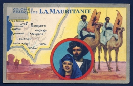 CARTE ILLUSTRÉE COULEUR  AVEC CARTE GÉOGRAPHIQUE- GUERRIERS TOUAREGS ET TYPES DE MAURITANIENS-  TEXTE AU VERSO- 2 SCANS - Mauretanien