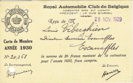 CARTE DE MEMBRE 1930 - ROYAL AUTOMOBILE CLUB DE BELGIQUE - Président : Le Duc D'URSEL - Mitgliedskarten