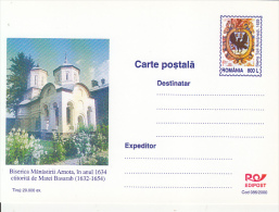 ARNOTA MONASTERY, THE CHURCH, PC STATIONERY, ENTIER POSTAL, 2000, ROMANIA - Abbayes & Monastères