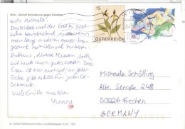 Österreich Wien TGST Mi. 2633 Blume Orchidee Frauenschuh + Mi. 2677 Mann Akt PK Nach Deutschland - Cartas & Documentos