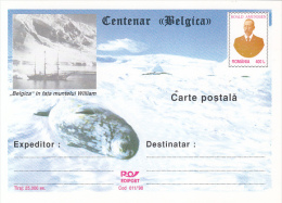 37121- BELGICA CENTENARY, ANTARCTIC EXPEDITION, SHIP, WHALE,R. AMUNDSEN, POSTCARD STATIONERY, 1998, ROMANIA - Spedizioni Antartiche