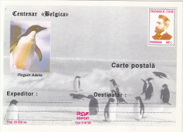 37164- BELGICA ANTARCTIC EXPEDITION CENTENARY, PENGUINS, F, COOK, POSTCARD STATIONERY, 1998, ROMANIA - Expediciones Antárticas