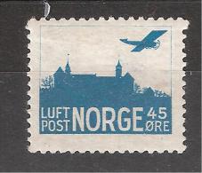 NORGE / Norway / Norvège 1927 Poste Aerienne / Airmail N° 1 , 45 O Bleu Vert Neuf * / MH TB / VF,   Cote 30 Euros - Ungebraucht