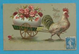 CPA Gaufrée Embossed Attelage Chariot Tiré Par Un Coq Oeuf Roses Pâques - Pâques