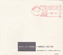 EMA ARGENTINA ARGENTINE AFS RED METER STAMP BUENOS AIRES 1973 MAIN HAND COIFFE COIFFURE CHAPEAU HUT BANQUE BANK BANCO - Lettres & Documents