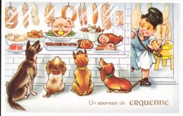 Un Souvenir De ERQUENNE - Carte Colorée Humoristique Devanture Boucherie Avec Gentes Cannines - Honnelles