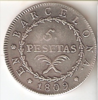 REPLICA DE UNA MONEDA DE ESPAÑA DE 5 PTAS DEL AÑO 1809 DE BARCELONA  (FAUX-FAKE) (NO ES DE PLATA) - Münzen Der Provinzen