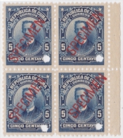 1911-75 CUBA REPUBLICA 1911. 5c IGNACIO AGRAMONTE Ed.192. SPECIMEN PROOF BLOCK 4. MNH. - Neufs