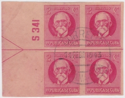 1917-243 CUBA REPUBLICA 1917. 2c MAXIMO GOMEZ.1926 BLOCK 4 IMPERFORADO. PLATE NUMBER 341. USADO. Ed.215As - Used Stamps