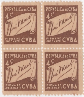 1937-184 CUBA REPUBLICA 1937. ESCRITORES Y ARTISTAS. 4c AUTOGRAFO DE JOSE MARTI Ed.312. BLOCK 4. MNH. - Ongebruikt
