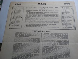 Feuille De Calendrier Mars 1940 Avec Les Travaux Du Mois....... - Petit Format : 1921-40