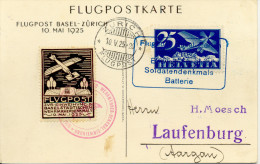 Premier Vol " Basel-Zürich " Vers Aargau 1925 Vignette Et Marque Cat. SBK Nº 12 Voir 2 Scan - Eerste Vluchten