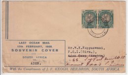 'Last Ocean Mail Souvenir Cover 1938'  South Africa ½d Pair - Aden Camp Via Egypt Redirect India Maritime Postal - Lettres & Documents