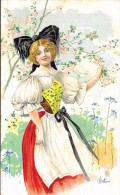 Cpa  -  "  JEUNE ALSACIENNE CUEILLANT DES FLEURS "  + Pub "NOUVEAUTES DURAND-BARJAUD, BERGERAC"-  ILLUSTRATEUR BOTTARO - Bottaro