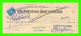 CHÈQUES AVEC TIMBRES ACCISE - LA BANQUE PROVINCIALE DU CANADA, 1952 No 1232 - CACHET POSTE - FISCAUX - - Cheques En Traveller's Cheques