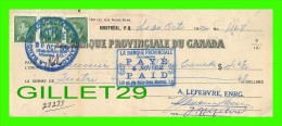 CHÈQUES AVEC TIMBRES ACCISE - LA BANQUE PROVINCIALE DU CANADA, 1952 No 1168  - CACHET POSTE - FISCAUX - Cheques En Traveller's Cheques