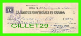 CHÈQUES AVEC TIMBRES ACCISE - LA BANQUE PROVINCIALE DU CANADA, 1951 No 821 - CACHET POSTE - FISCAUX - Cheques En Traveller's Cheques