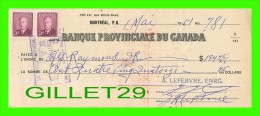 CHÈQUES AVEC TIMBRES ACCISE - LA BANQUE PROVINCIALE DU CANADA, 1951 No 781 - CACHET POSTE - FISCAUX - Cheques En Traveller's Cheques