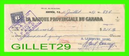 CHÈQUES AVEC TIMBRES ACCISE - LA BANQUE PROVINCIALE DU CANADA, 1951 No 834 - CACHET POSTE - FISCAUX - Cheques En Traveller's Cheques