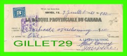 CHÈQUES AVEC TIMBRES ACCISE - LA BANQUE PROVINCIALE DU CANADA, 1951 No 832 - CACHET POSTE - FISCAUX - Cheques & Traveler's Cheques