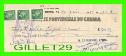 CHÈQUES AVEC TIMBRES ACCISE - LA BANQUE PROVINCIALE DU CANADA, 1951 No 822 - CACHET POSTE - FISCAUX - Assegni & Assegni Di Viaggio