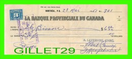 CHÈQUES AVEC TIMBRES ACCISE - LA BANQUE PROVINCIALE DU CANADA, 1951 No 801 - CACHET POSTE - FISCAUX - Assegni & Assegni Di Viaggio