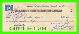 CHÈQUES AVEC TIMBRES ACCISE - LA BANQUE PROVINCIALE DU CANADA, 1951 No 804 - CACHET POSTE - FISCAUX - Cheques & Traveler's Cheques