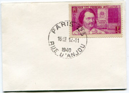 FRANCE LETTRE AFFRANCHIE AVEC LE N°463 AU PROFIT DES CHOMEURS INTELLECTUELS OBLITERATION 1er JOUR PARIS 12-11-1940 - ....-1949