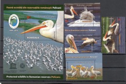 ROMANIA-MNH** BLOCK+SET-FAUNA-BIRDS-PELICANS-2015. - Pélicans