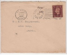 Great Britain Reading FDC 1½d 1937 To Aden Camp, Slogan Cancel - ....-1951 Pre-Elizabeth II