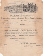 Lettre 1914 W A ROSS Ginger Ale, Aerated & Mineral Water BELFAST - Bordeaux France - Voir Scan - United Kingdom