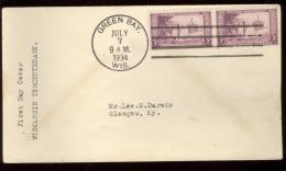 FDC Scott 739  GREEN BAY  1934  - NICOLETS LANDING - 2 STAMPS 3 BAR CANC. - 1851-1940