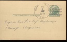 POST CARD  Scott UX 27  - Rhoadesville 1940  -  JEFFERSON - DEPT. OF HIGHWAY CARD - 1921-40