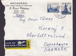 Turkey "UCAK ILE Airmail AKFIL Gömieklik-Elbiselik-POPLIN" Label BOYUGÜZEL, BURSA 1964 Cover Lettera Denmark - 1934-39 Sandschak Alexandrette & Hatay