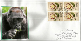 Lettre De Kampala.OUGANDA.(bloc De 4 Fleurs De Calabash Nutmeg) Illustration Tête De Gorille, Adressée En Afrique Du Sud - Gorilas