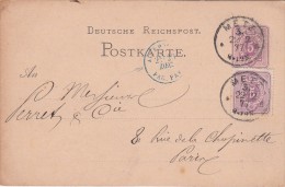 1877 POSKARTE METZ LORRAINE ALLEMANDE POUR PARIS. ENTRÉE ALLEMAGNE PAG. PARIS / 6914 - Entry Postmarks
