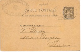 LBON11- CARTE POSTALE SAGE 10c REPIQUAGE COMMERCIAL VOYAGEE PARIS 10/2/1891 - AK Mit Aufdruck (vor 1995)