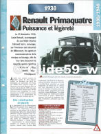 Fiche Renault Primaquatre (1930) - Un Siècle D'Automobiles (Edit. Hachette) - Autos