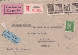 1942 LETTRE. FINLANDE. EXPRES. PAR AVION. RECOMMANDE HELSINKI LYON / 2180 - Brieven En Documenten