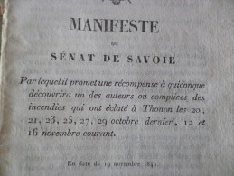 Manifeste Du Sénat De Savoie 19/11/1845 Récompense à Qui Découvrira Les Auteurs Et Complices Incendies De Thonon - Decreti & Leggi