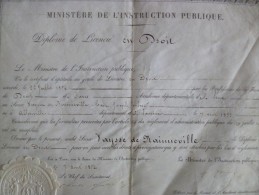 Diplôme De Licence  En Droit 7/04/1854. Paris Vaysse De Maineville Format Supérieur à A4 Autographe Au Dos - Diplomi E Pagelle