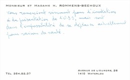 Ancienne Carte De Visite De M. Et Mme Hubert Rommens Bechoux, Avenue De L'Auroren Waterloo (vers 1979) - Tarjetas De Visita