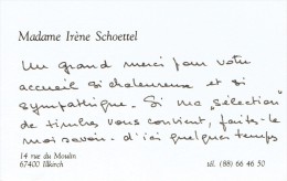 Ancienne Carte De Visite De Mme Irène Schoettel, Rue Du Moulin 67400 Illkirch (vers 1985) - Visiting Cards