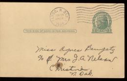 1938 POSTAL CARD SCOTT UX27  - FARGO TO CHRISTINE N. DAK. - SEE CANCELLATION - - 1921-40