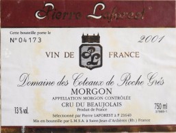 ETIQUETTE De VIN " DOMAINE Des CÔTEAUX De ROCHE GRES 2001 " - Morgon - Décollée Bon état  - - Beaujolais