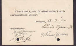 Iceland Postal Stationery Ganzsache Entier 5 Aur PRIVATE Print 'MERKÚR', REYKJAVIK 1920 (2 Scans) - Postwaardestukken