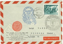 STORIA POSTALE - AUSTRIA - ANNO 1960 - MONGOLFIERA - MIT BALLONPOST - VILLACH - PER RIMINI - REPUBLIK OSTERREICH - - Par Ballon